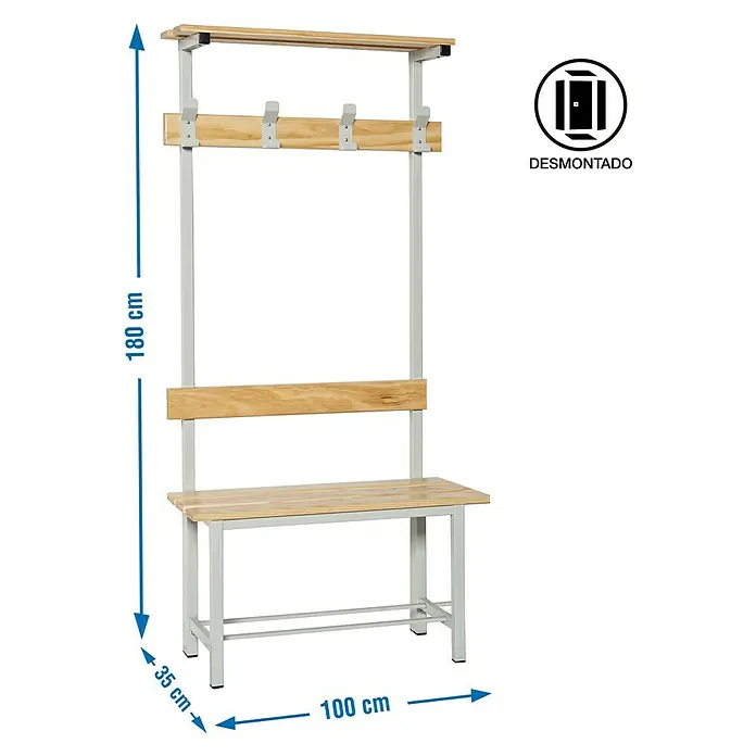 Simonrack Simonlocker Banco de vestuario Single Desmontado con perchero - L x An x Al: 35 x 100 x 180 cm - Perchero con banco, con medidas de 180 cm de altura, 35 cm de profundidad y 100 cm de ancho. Una solución práctica para recibidor o vestuario.