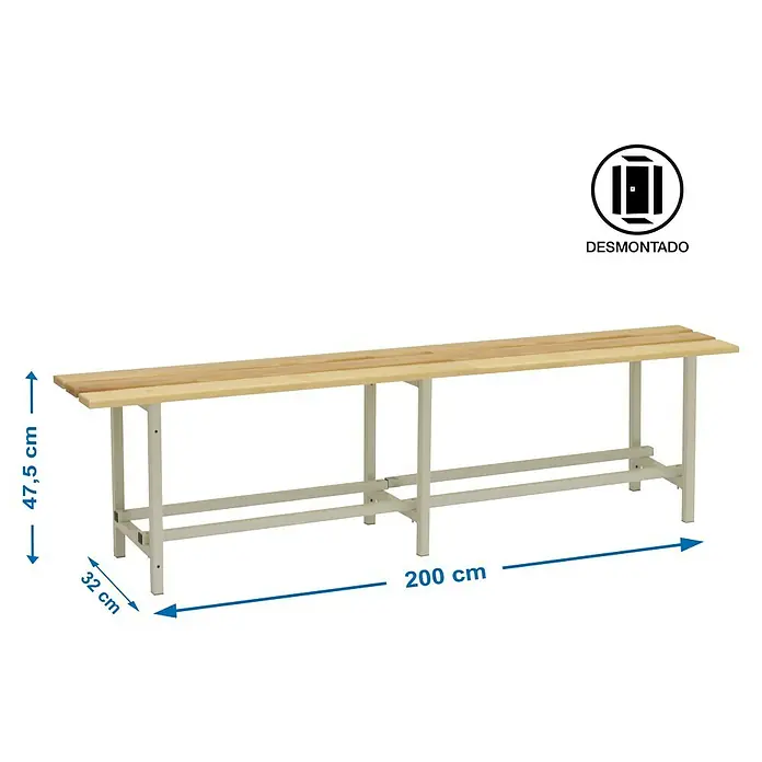 Simonrack Simonlocker Banco de vestuario Wood Desmontado - L x An x Al: 32 x 200 x 475 cm, Taller - Representación de un banco largo de madera clara con patas metálicas, que mide 200 cm de largo, 47,5 cm de alto y 32 cm de ancho.