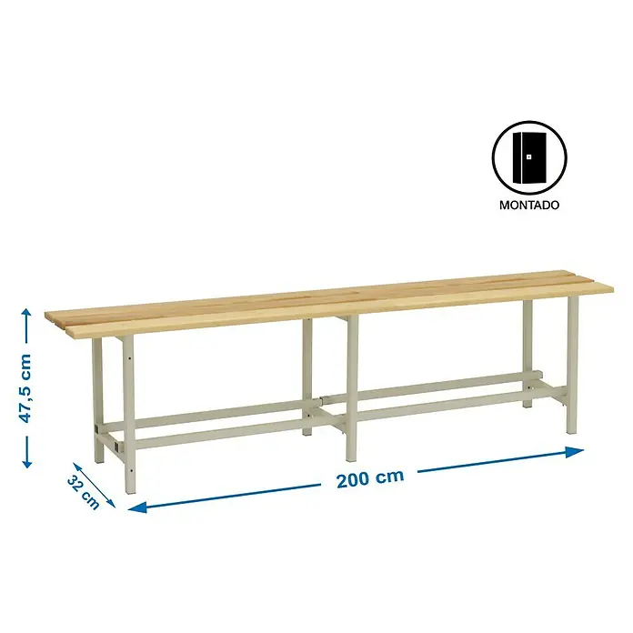 Simonrack Simonlocker Banco de vestuario Wood Montado - L x An x Al: 32 x 200 x 47,5 cm, Taller - Imagen de un banco de vestuario largo y montado con madera clara y una estructura metálica robusta.