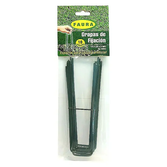 Faura Grapa metálica para malla antihierbas y césped artificial - Largo: 17 cm, 10 ud. - Un paquete de grapas de fijación FAURA, ideal para césped artificial, con 10 unidades y dimensiones de 170 x 35 x 3 mm.