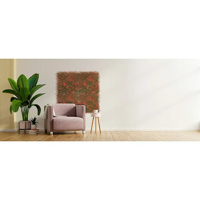 Faura Jardín vertical Natus - Plástico, L x An: 50 x 50 cm - Primer plano de una elegante butaca rosa con un portátil, una taza de café y exuberante vegetación, ideal para la vida moderna.