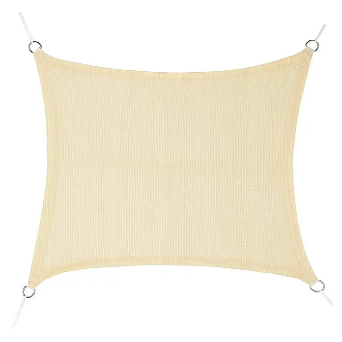 Faura Toldo vela HDPE - L x An: 3,6 x 3,6 m, Beige, Cuadrado - Toldo parasol de tela beige de forma cuadrada con anillos de acero y cuerdas blancas en las esquinas.