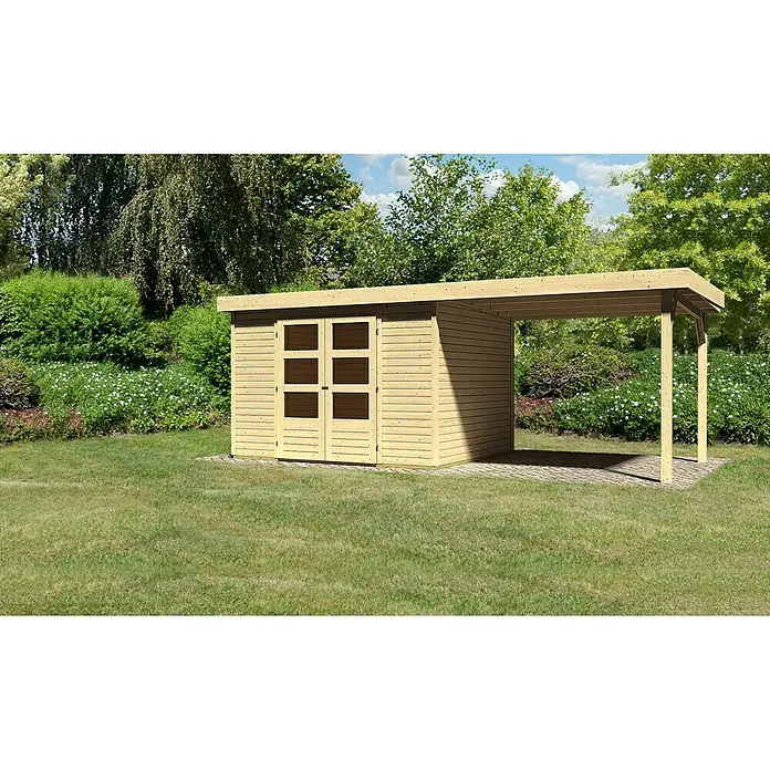 Karibu Gartenhaus Askola - Außenmaß inkl. Dachüberstand (B x T): 591,5 x 262 cm, Holz, Natur, Mit Anbaudach - Abgebildeter Holzschuppen mit angebautem Carport, ideal für Gartenutensilien oder als Wetterschutz für Fahrzeuge.