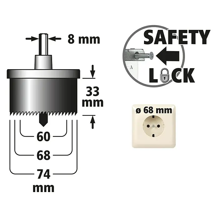 Wolfcraft Mehrkranzlochsäge - 3 -tlg., Schnitttiefe: 33 mm - Illustration eines Bohrersatzes mit den Maßen 8 mm, 33 mm, 60 mm, 68 mm und 74 mm sowie einer Sicherheitsverriegelungsanzeige.