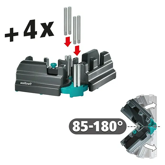 Wolfcraft Gehrungsschneidlade - L x B x H: 353 x 105 x 70 mm - Bild einer Wolfcraft Schneidlade, mit Hinweisen auf zusätzliches Zubehör und einstellbare Winkel für präzise Schnitte.