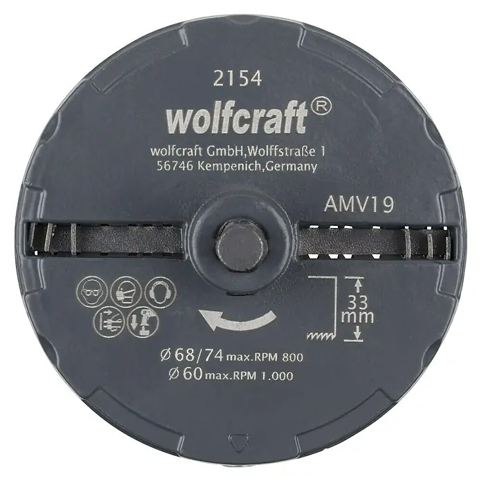 Wolfcraft Mehrkranzlochsäge - 3 -tlg., Schnitttiefe: 33 mm - Wolfcraft AMV19 Trennscheibe, ideal zum Trennen verschiedener Materialien. Scheibendurchmesser 68/74mm, max. 800 U/min & 60mm, max. 1.000 U/min.