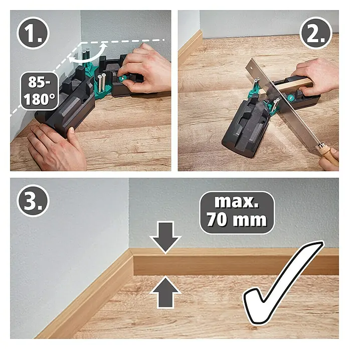 Wolfcraft Gehrungsschneidlade - L x B x H: 353 x 105 x 70 mm - Produktabbildung mit drei Schritten zur Verwendung einer Schneidlade.