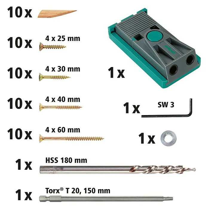 Wolfcraft Werkzeugkoffer Undercover Jig - 54 -tlg. - Bild eines Dübel-Sets mit Schrauben, Bohrern und Zubehör für Holzbearbeitungsprojekte.