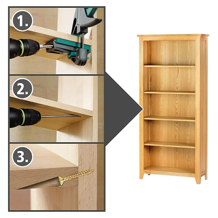 Wolfcraft Werkzeugkoffer Undercover Jig - 54 -tlg. - Bild von den Schritten zum Zusammenbau eines Bücherregals aus hellem Holz.