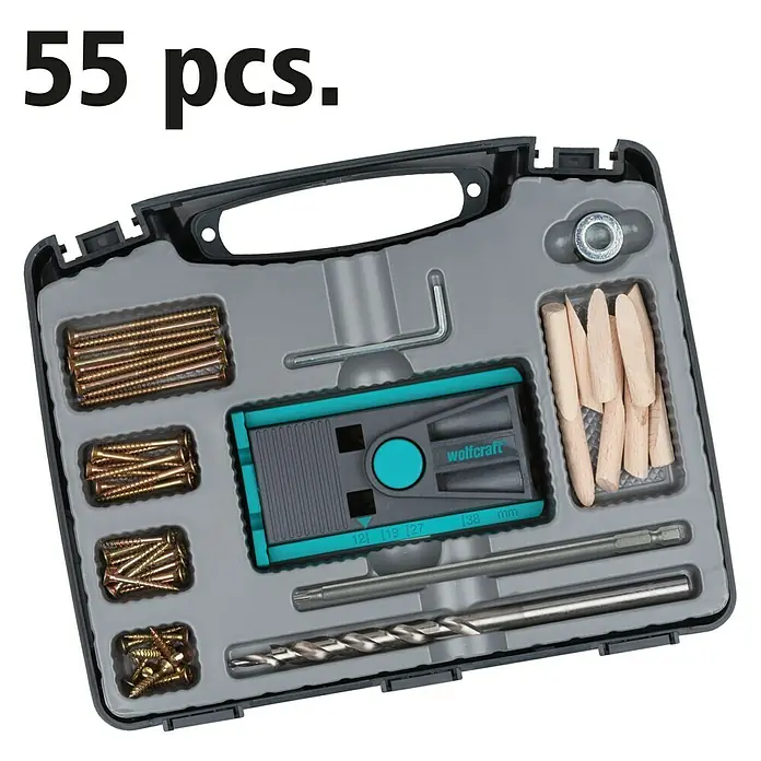 Wolfcraft Werkzeugkoffer Undercover Jig - 54 -tlg. - Bild eines Wolfcraft Dübel-Sets mit 55 Teilen, inklusive Schrauben, Dübeln, Bohrer und Werkzeug, präsentiert in einem grauen Koffer.