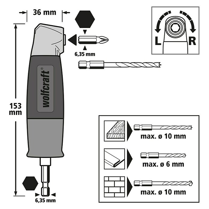 Wolfcraft Winkelgetriebe (Passend für: Akkuschrauber, Durchmesser Schaft: ¼″ Hex, Max. Drehzahl: 400 U/min)