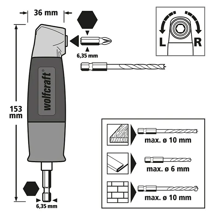 Wolfcraft Winkelgetriebe - Durchmesser Schaft: ¼″ Hex, Max. Drehzahl: 400 U/min - Abbildung eines Wolfcraft Winkelschraubers mit Maßangaben und Symbolen für Bit-Größe und Bohranwendungen.