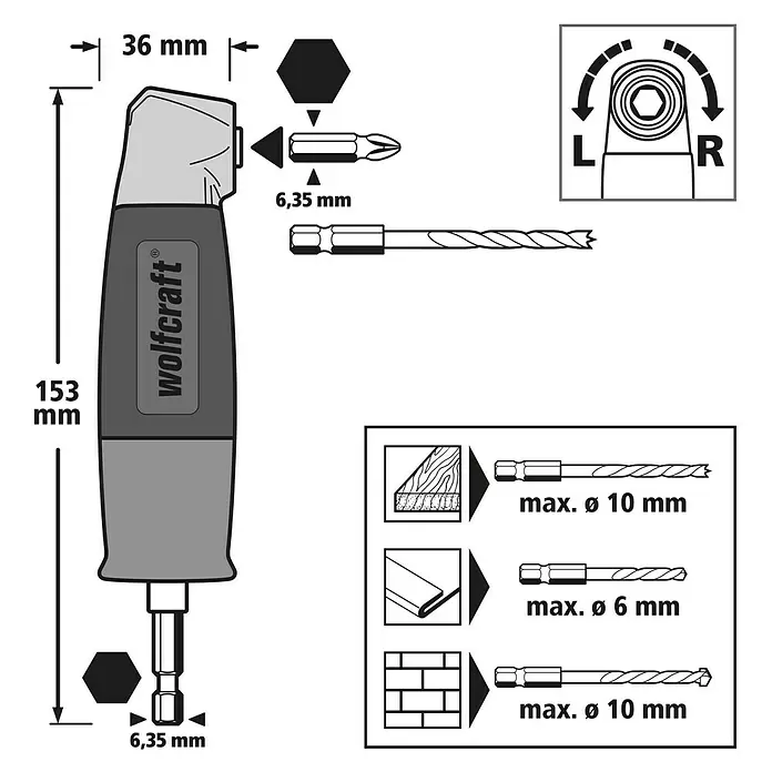 Wolfcraft WinkelgetriebeDurchmesser Schaft: ¼″ Hex, Max. Drehzahl: 400 U/min