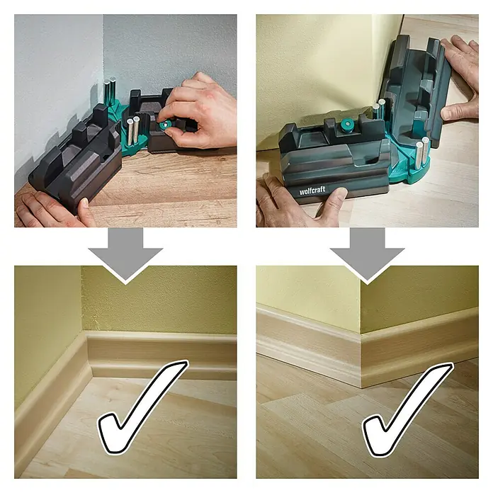 Wolfcraft Gehrungsschneidlade - L x B x H: 353 x 105 x 70 mm - Wolfcraft Gehrungslehre mit beispielhaft angepassten Sockelleisten, die die Funktionalität und Präzision hervorheben.