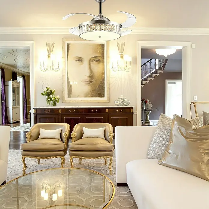 Led Hispania Ventilador de techo Luxury Libra - Dorado, 106 cm, 35 W, Blanco cálido - Ventilador de techo adornado con cristales. El ventilador presenta aspas plateadas e iluminación integrada.