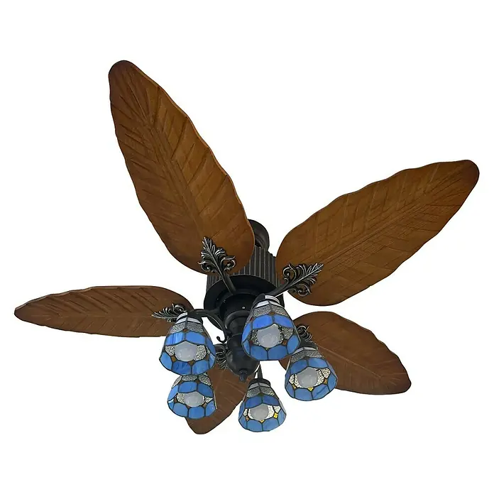 Led Hispania Ventilador de techo Vintage Acuario - Negro, 132 cm, 55 W - Un ventilador de techo ornamentado con aspas de estilo madera y encantadoras lámparas de vidrio azul, creando un ambiente cálido y acogedor.