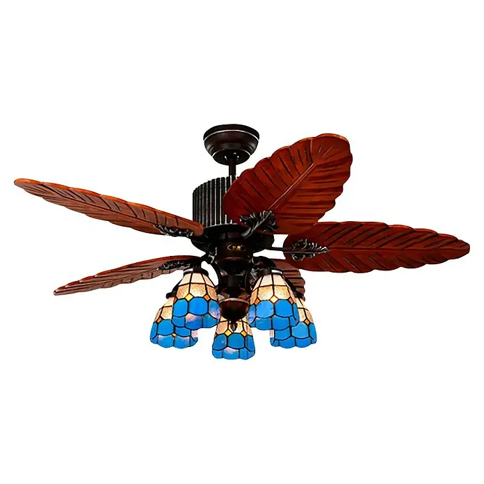 Led Hispania Ventilador de techo Vintage Acuario - Negro, 132 cm, 55 W - Ventilador de techo con aspas en forma de hoja y luces de estilo Tiffany que añadirán un toque de elegancia.