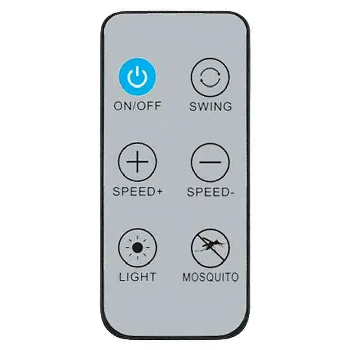 Led Hispania Ventilador de pie Vega con batería y panel solar - Negro, 45 cm, 120 cm - Mando a distancia para dispositivo, con botones de encendido/apagado, oscilación, velocidad, luz y protección contra mosquitos, en gris.