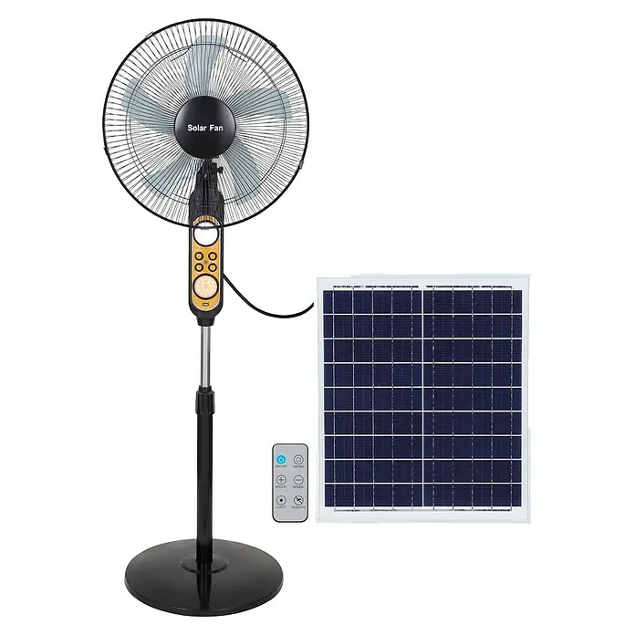 Led Hispania Ventilador de pie Vega con batería y panel solar - Negro, 45 cm, 120 cm - Ventilador de pie solar con control remoto y panel solar para una refrigeración ecológica.