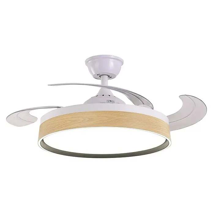 Led Hispania Ventilador de techo Polux - Blanco/Madera, 106 cm, 35 W, Blanco cálido - Primer plano de un ventilador de techo moderno con iluminación LED y decoración de madera, ofreciendo un ambiente elegante.