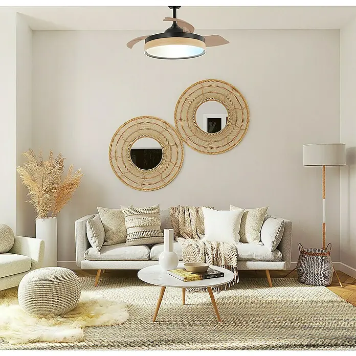Led Hispania Ventilador de techo Polux - Negro/Madera, 106 cm, 35 W, Blanco cálido - Interior luminoso con un moderno ventilador de techo negro y madera, que ilumina y refresca el espacio habitable decorado con estilo.