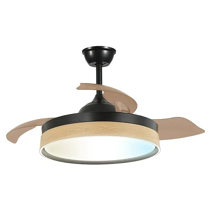 Led Hispania Ventilador de techo Polux - Negro/Madera, 106 cm, 35 W, Blanco cálido - Ventilador de techo negro con detalles de madera clara e iluminación integrada para un ambiente agradable.