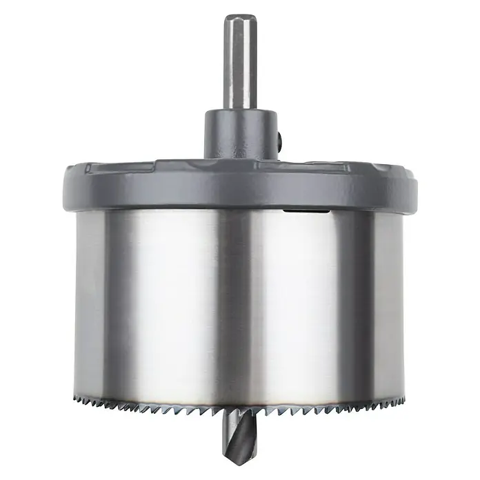 Wolfcraft Mehrkranzlochsäge5 -tlg., Arbeitsdurchmesser: 28 mm - 75 mm, Schnitttiefe: 40 mm - Abbildung einer Lochsäge, einem Werkzeug zum Bohren großer Löcher, mit einem Zentrierbohrer in der Mitte für präzise Schnitte.