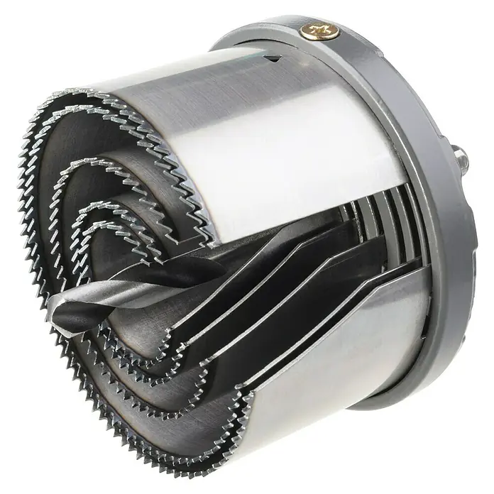 Wolfcraft Mehrkranzlochsäge5 -tlg., Arbeitsdurchmesser: 28 mm - 75 mm, Schnitttiefe: 40 mm - Nahaufnahme einer verstellbaren Lochsäge für präzise und variable Lochschnitte in verschiedenen Materialien.