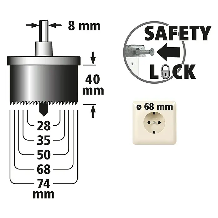 Wolfcraft Mehrkranzlochsäge - 5 -tlg., Arbeitsdurchmesser: 28 mm - 75 mm, Schnitttiefe: 40 mm - Abbildung eines Bohrers mit den Maßen 8 mm Schaft, 40 mm Tiefe und Lochsägen von 28 mm bis 74 mm, sowie einer Steckdose von 68 mm.