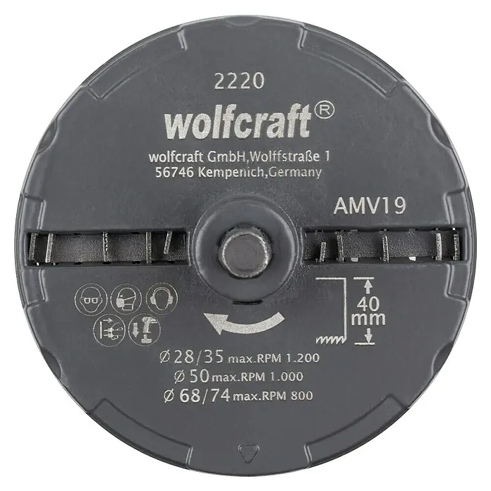 Wolfcraft Mehrkranzlochsäge - 5 -tlg., Arbeitsdurchmesser: 28 mm - 75 mm, Schnitttiefe: 40 mm - Das Wolfcraft AMV19 Werkzeug zum Schleifen, Trennen und Polieren mit Angaben zu Drehzahl und Durchmesser für sicheres Arbeiten.