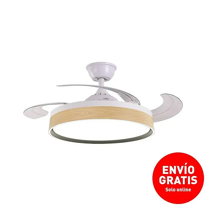 Led Hispania Ventilador de techo Polux - Blanco/Madera, 106 cm, 35 W, Blanco cálido - Elegante lámpara de techo LED con aspecto de madera. Ideal para salones y oficinas modernos. Con mando a distancia práctico.