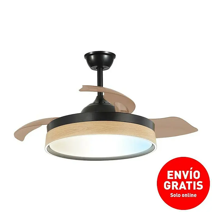 Led Hispania Ventilador de techo Polux - Negro/Madera, 106 cm, 35 W, Blanco cálido - Ventilador de techo con lámpara, tres aspas en beige y negro con acabado de madera. Ideal para salones y habitaciones.