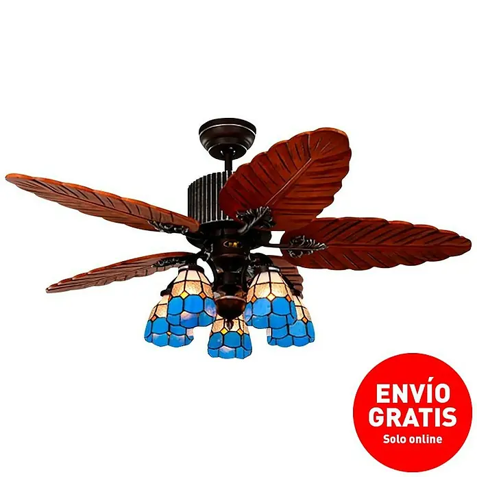 Led Hispania Ventilador de techo Vintage Acuario - Negro, 132 cm, 55 W - Ventilador de techo con aspas marrones y lámparas azules.