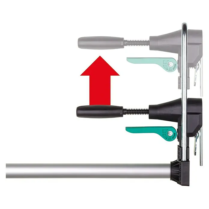 Wolfcraft Türfuttermontage-Set Pro - Passend für: Türen mit 610 - 985 mm Breite - Das Bild zeigt die Höhenverstellung eines Geräts mit einem roten Pfeil nach oben, um die Richtung der Anpassung zu verdeutlichen.