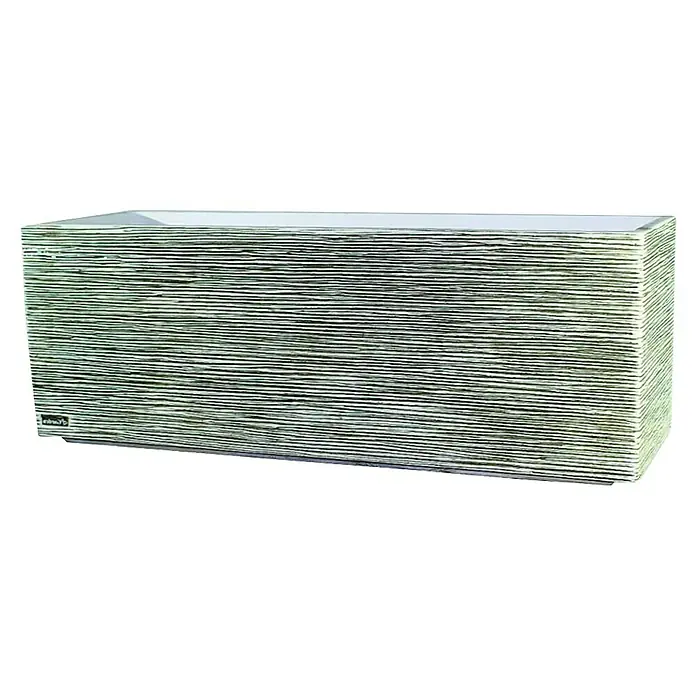 Macetero para plantas Valencia - Dimensiones externas (L x An x Al): 95 x 29 x 37 cm, Material compuesto, Ceniza - Una jardinera rectangular con estrías que presenta un diseño de rayas horizontales con una coloración sutil, perfecta para ambientes interiores y exteriores.