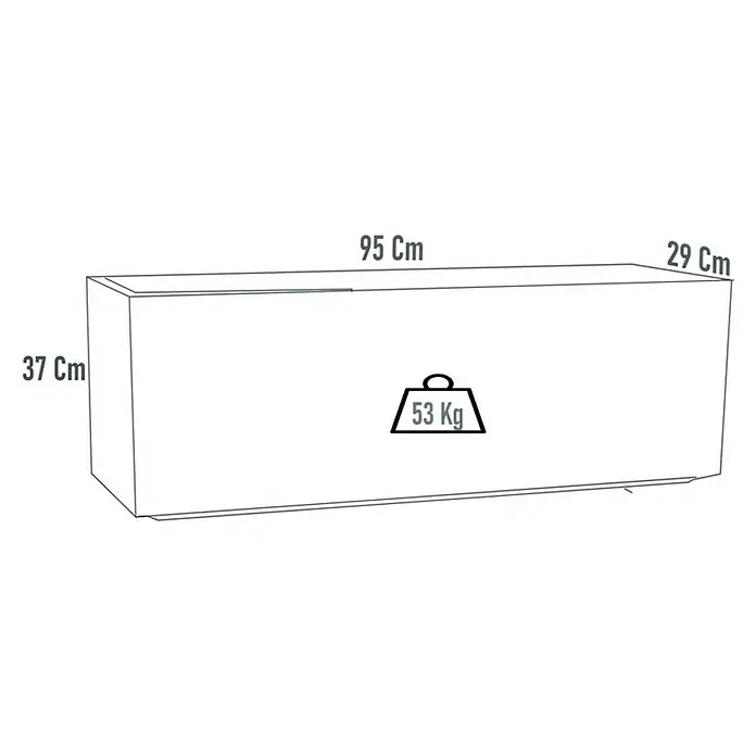 Macetero para plantas Valencia - Dimensiones externas (L x An x Al): 95 x 29 x 37 cm, Material compuesto, Ceniza - Ilustración de un arcón rectangular pesado con dimensiones de 95 x 29 x 37 cm y un peso de 53 kg.