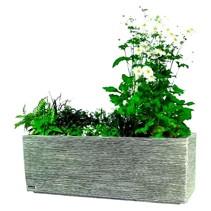 Macetero para plantas Valencia - Dimensiones externas (L x An x Al): 95 x 29 x 37 cm, Material compuesto, Ceniza - La jardinera con líneas horizontales y plantas exuberantes ofrece una forma elegante de llevar vegetación a espacios interiores y exteriores.