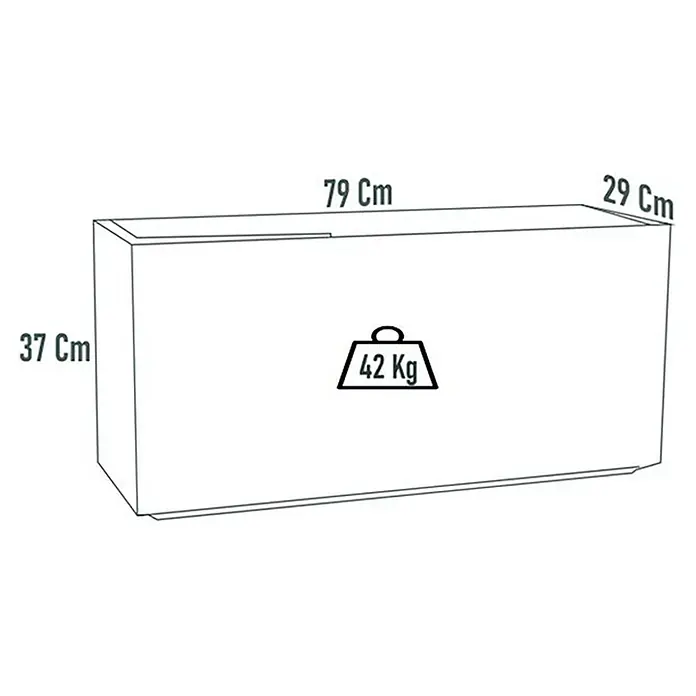 Macetero para plantas Alicante - Dimensiones externas (L x An x Al): 79 x 29 x 37 cm, Material compuesto, Ceniza - Imagen de un producto con dimensiones de 79 x 29 x 37 cm y un peso de 42 kg. Una solución de almacenamiento práctica y compacta.