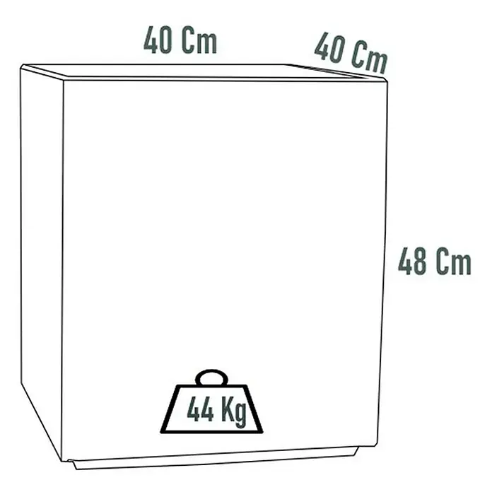 Macetero para plantas Teruel - Dimensiones externas (L x An x Al): 40 x 40 x 48 cm, Material compuesto, Blanco - Ilustración de un armario con dimensiones 40 x 40 x 48 cm y un peso de 44 kg.