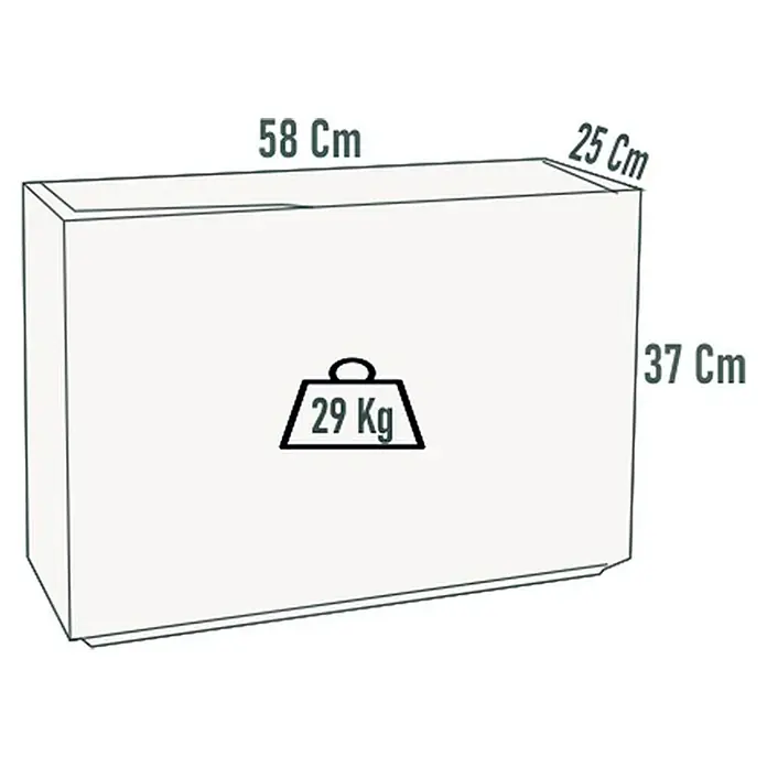 Macetero para plantas Castellón - Dimensiones externas (L x An x Al): 58 x 25 x 37 cm, Material compuesto, Blanco - Ilustración de un paquete con dimensiones de 58 cm x 25 cm x 37 cm y un peso de 29 kg.