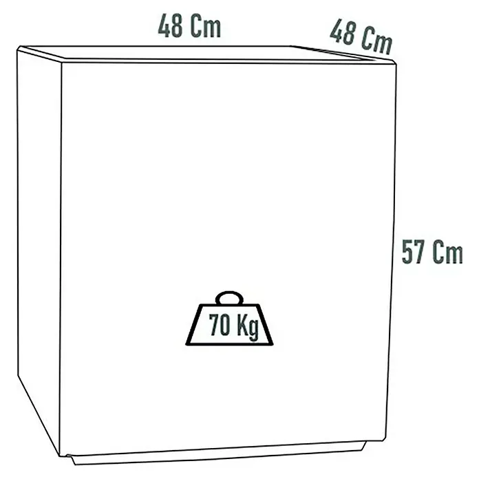 Macetero para plantas Teruel - Dimensiones externas (L x An x Al): 48 x 48 x 57 cm, Material compuesto, Blanco - Esquema técnico de un producto con dimensiones 48 x 48 x 57 cm y un peso de 70 kg.