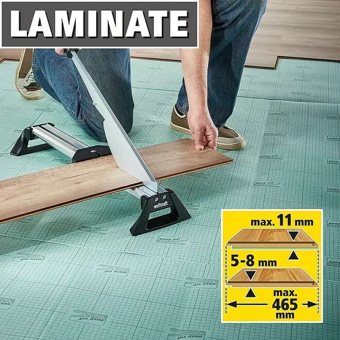 Wolfcraft Laminatschneider LC 600 - Geeignet für: Laminat, Schnittbreite: 465 mm, Material: Aluminium - Laminatschneider von Wolfcraft in Aktion, ideal für präzise und einfache Schnitte bis 11 mm Dicke und 465 mm Breite.