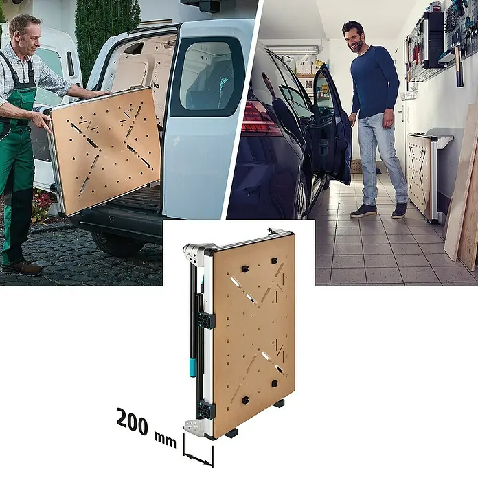 Wolfcraft Werkbank Master Work 1600 - L x B: 76,5 x 110 cm, Arbeitshöhe: 86,3 cm, Belastbarkeit: 120 kg - Produktbild einer Werkbank beim Ausladen aus einem Lieferwagen und in einer Garage, mit einer Detailansicht der Werkbank.