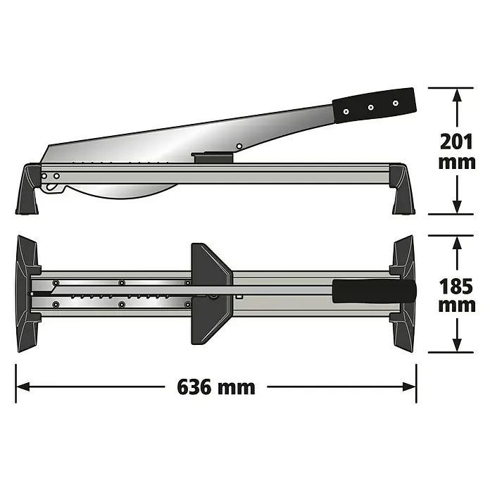 Wolfcraft Laminatschneider LC 600 - Geeignet für: Laminat, Schnittbreite: 465 mm, Material: Aluminium - Darstellung einer Hebelschere mit Maßangaben. Die Hebelschere ist 636 mm lang und 201 mm hoch. Die Breite der Basis beträgt 185 mm.