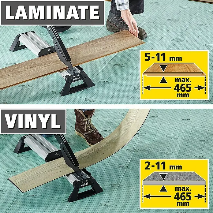 Wolfcraft Laminat- & Vinylschneider VLC 800 - Schnittbreite: 465 mm, Aluminium - Bild zeigt eine Laminat- und Vinylschneidemaschine von Wolfcraft, die für Laminat (5-11 mm) und Vinyl (2-11 mm) mit einer max. Breite von 465 mm geeignet ist.