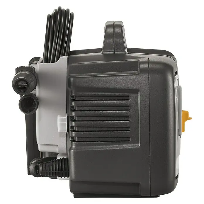 Stiga Hochdruckreiniger HPS 110 - 1.400 W - Abbildung einer grauen und schwarzen tragbaren Hochdruckreiniger-Einheit mit schwarzem Kabel.