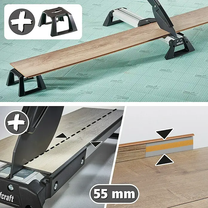 Wolfcraft Laminat- & Vinylschneider VLC 800 - Schnittbreite: 465 mm, Aluminium - Bild eines Laminatschneiders mit Laminatstück. Werkzeug zum einfachen und präzisen Zuschneiden von Laminat, Paneelen und Vinyl.