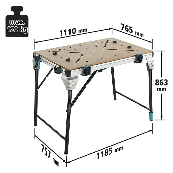 Wolfcraft Werkbank Master Work 1600 - L x B: 76,5 x 110 cm, Arbeitshöhe: 86,3 cm, Belastbarkeit: 120 kg - Abbildung eines Wolfcraft Master Workertisches mit Maßangaben. Der Tisch ist stabil und ideal für Werkstattarbeiten.
