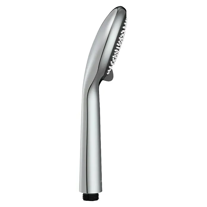 Wenko Teleducha WaterSaving - Número de funciones: 3 ud., Cromo, Diámetro: 9,5 cm - Primer plano de un cabezal de ducha cromado con boquillas de agua. Accesorio de baño de alta calidad para ducharse con un diseño elegante.