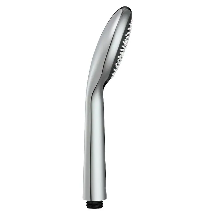 Wenko Teleducha WaterSaving - Número de funciones: 1 ud., Cromo - Primer plano de un cabezal de ducha brillante con boquillas de goma para una experiencia de ducha agradable. El diseño es moderno y funcional.